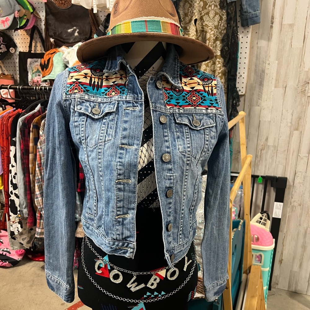 Upcycled Denim Jacket with Aztec Accents